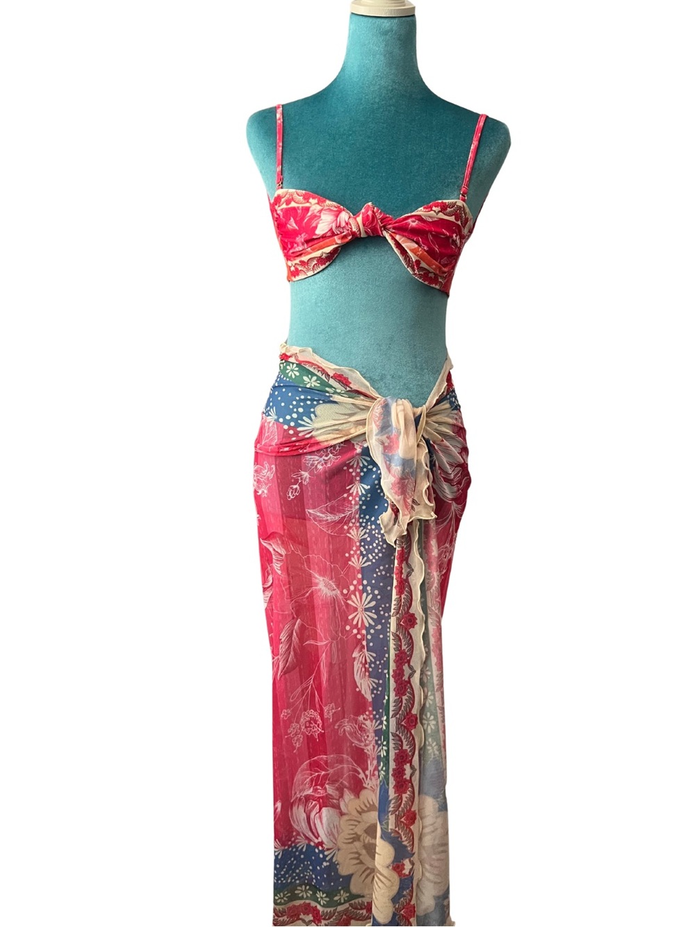 Agua Bendita x REVOLVE Coral and Pink Floral Halter Bikini Top and Sarong